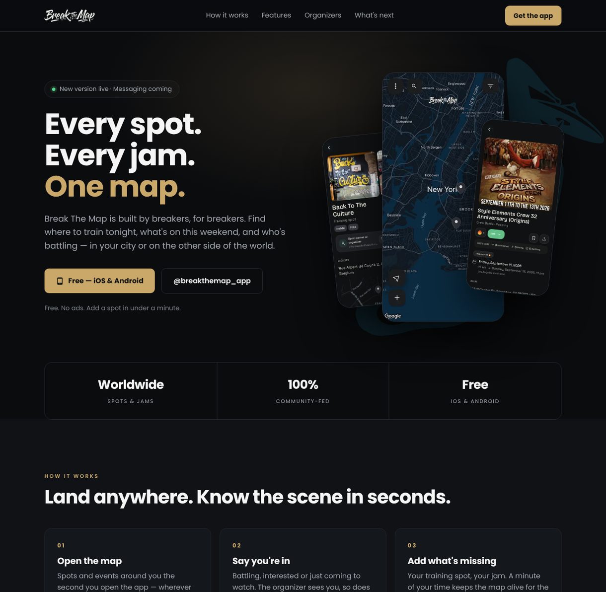 breakthemap.com homepage: Every spot. Every jam. One map.